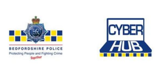 Logos for  Bedfordshire Police and Cyber Hub.